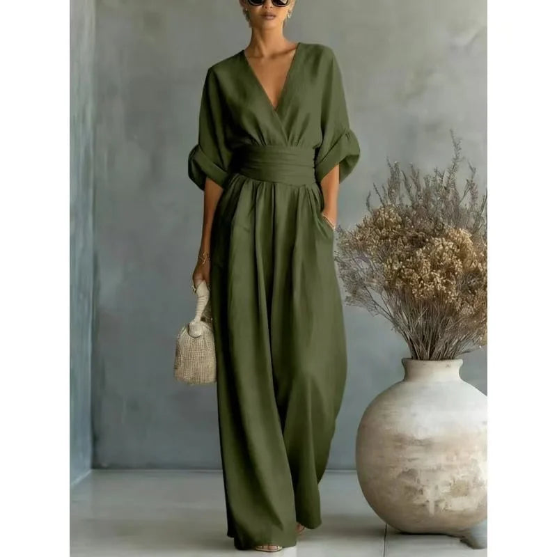 Women's Jumpsuit Fashion High Waist V-neck Casual Jumpsuits Sexy Solid Color Office Wide Leg Trousers Overalls Vacation Outfit
