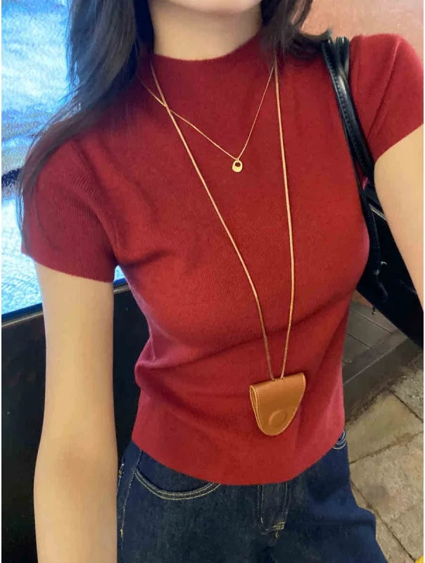 Knitted 2025 New Basic Sweaters Fashion Women Turtleneck Solid Thin Short Sleeve Slim Pullovers Streetwear Bodycon Sweater