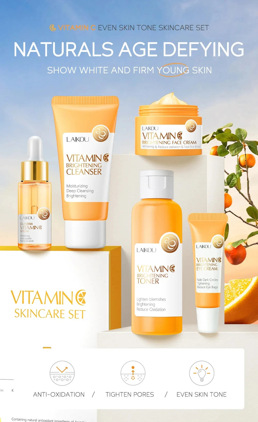 Vitamin C Skincare Set 5pcs(Cleanser-Toner-Serum-Eye Serum-Face Cream) + Natural Antioxidant Ingredients, Nourish Even Skin Tone