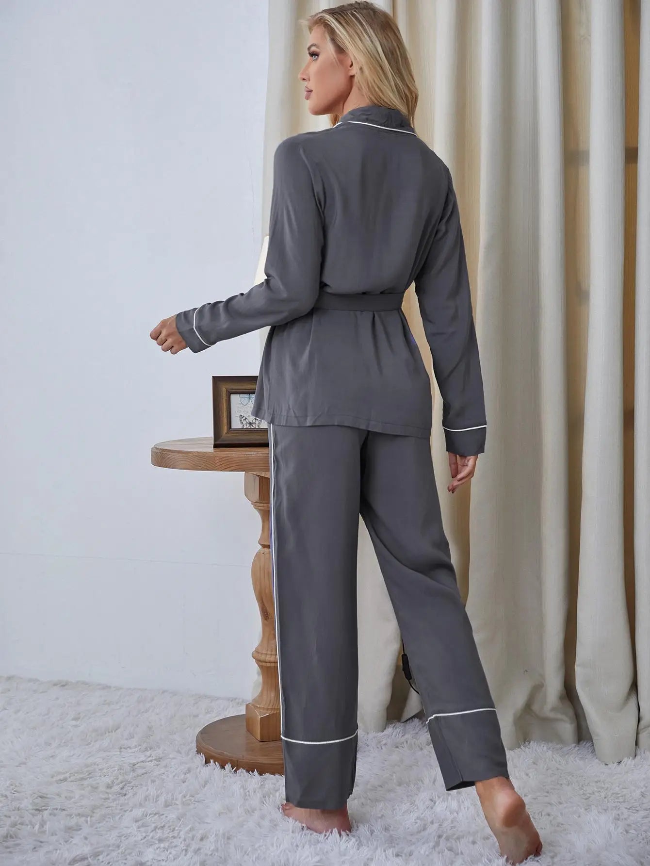 Wrap Belt V Neck Pajama Set
