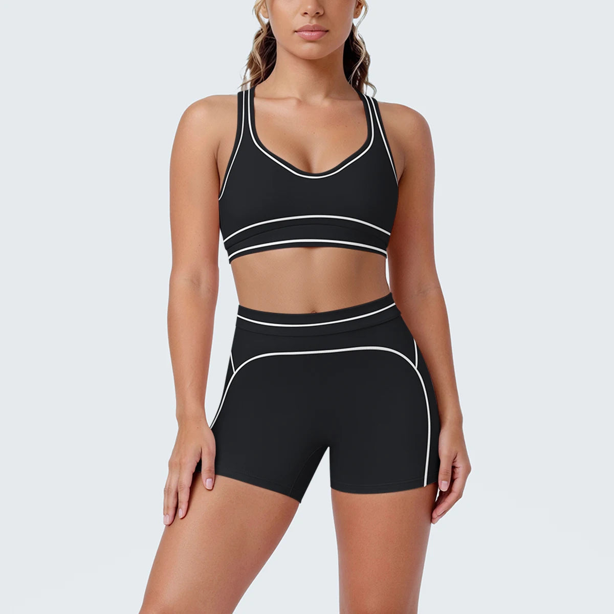 New Woman Yoga Set Color Blocking Sexy Sport Bra Yoga Underwear with Chest Pad High Waist Stripe Running Fitness Shorts Yoga Set