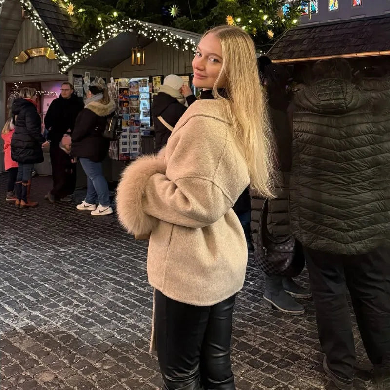 Fox Fur Woolen Coats Women's Short Coat Office Lady Removable Elegant Double-sided Wool Overcoat 2025 New Cardigan Jacket
