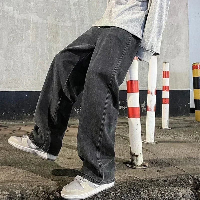 Men's Jeans Korean Version Student Casual Pants High Street Straight Loose Wide Leg Jeans Black Grey Blue Baggy Jeans