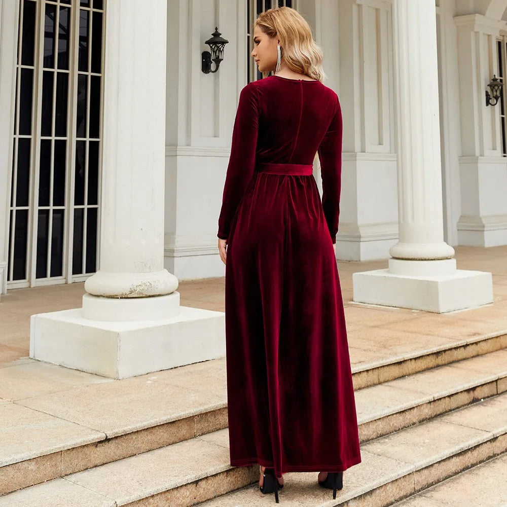 Women's Elegant A-Line Velvet Dress for Wedding Guest Prom Party Wedding Party, Long Sleeve Round Neck Belted Full Skirt