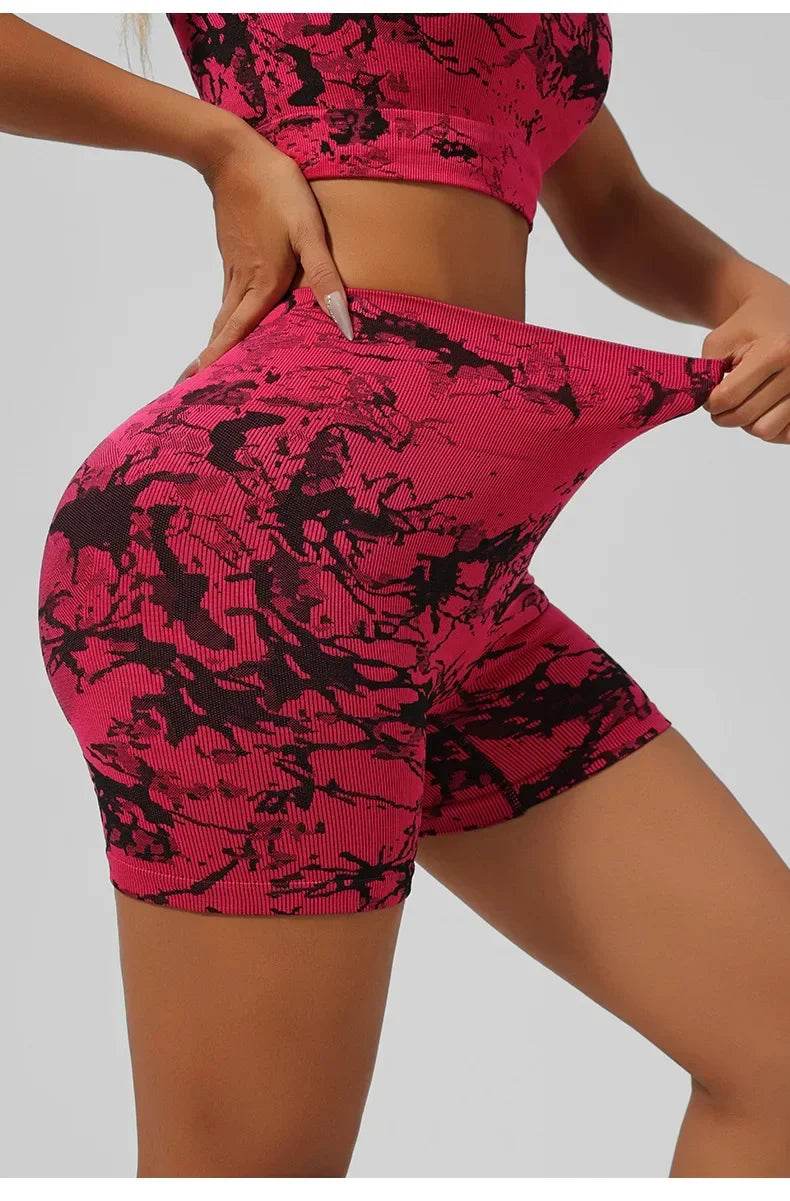 Women Seamless Tie Dye Yoga Set Quick Dry Sports Bra Shorts Lightweight Breathable Workout Outfit