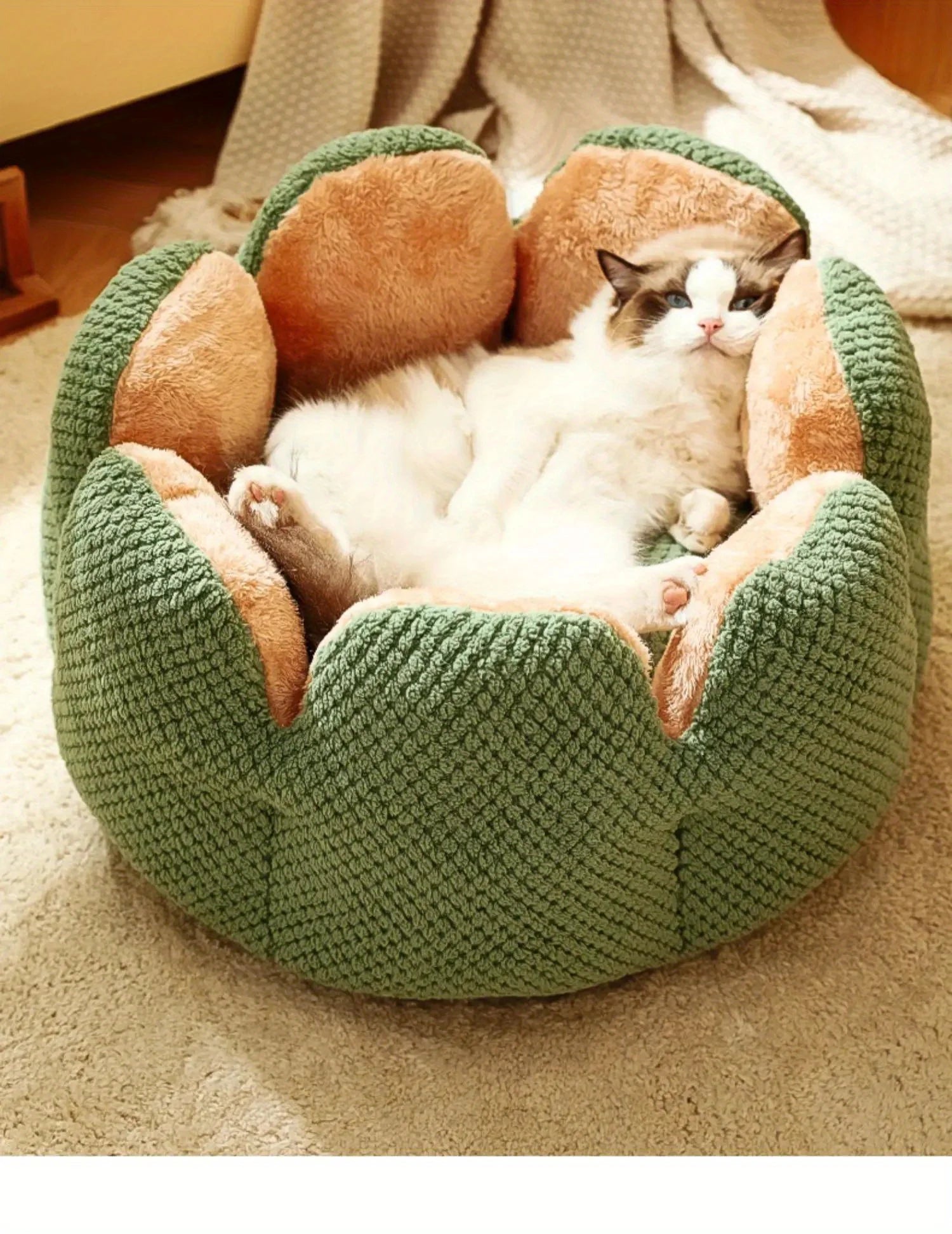 Petal Shaped Pet Bed, Plush Round Dog & Cat Cushion Mat with Knitted Texture, Ultra Soft Warm Nest for Kittens Puppies in Winter