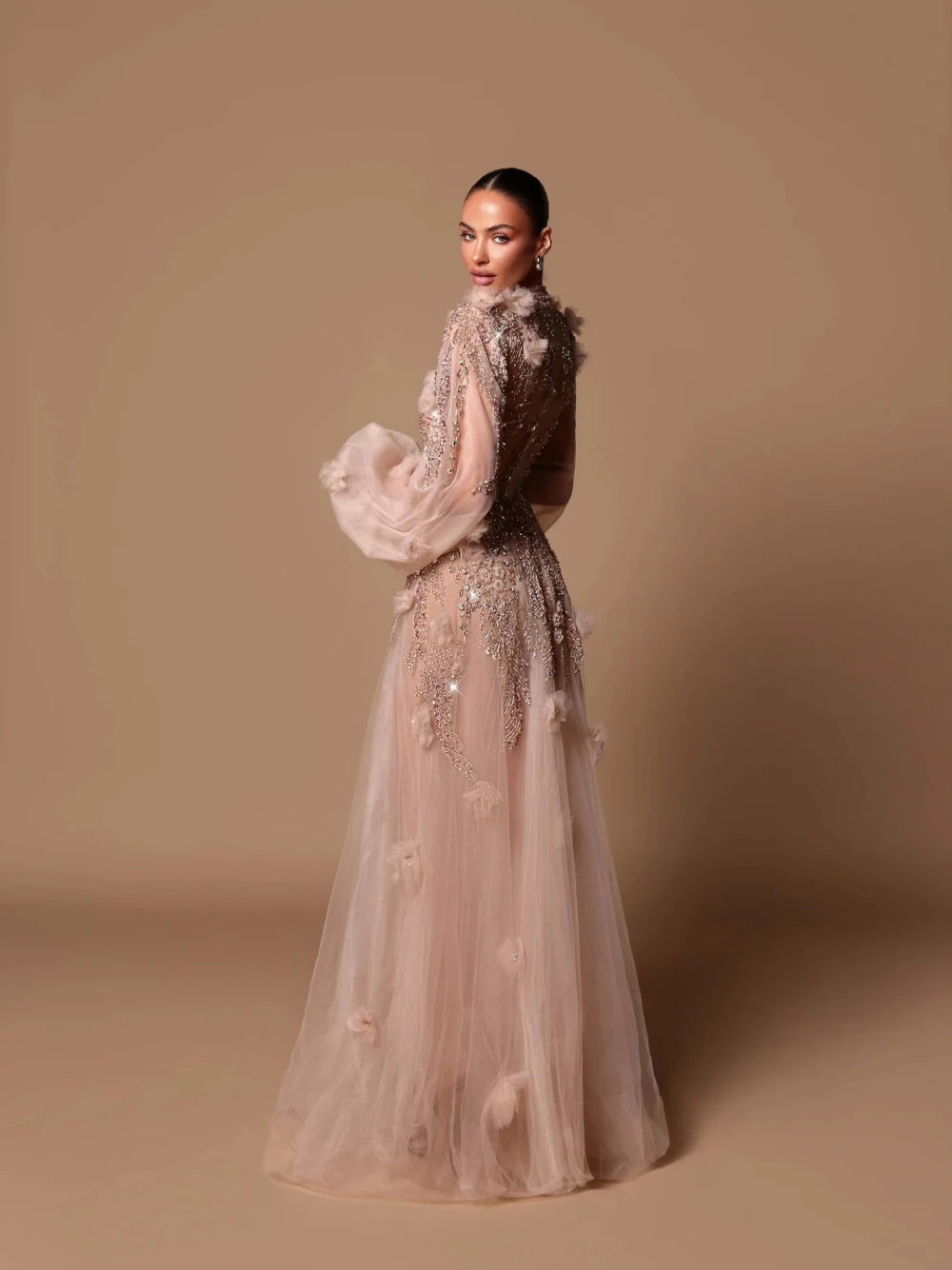 Elegant A Line Romantic High Neck Evening Dress Floral Customized Prom Charming Women Cut Out Sequins Crystals Party Wear