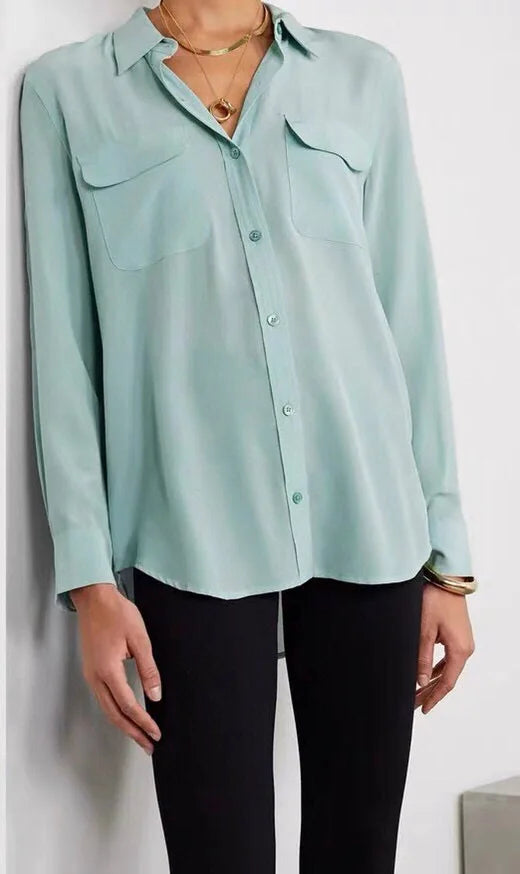 Women Real Silk Shirts Classic Double Pockets Solid Color Casual Fashion Long Sleeve Thin Shirt Blouses Tees
