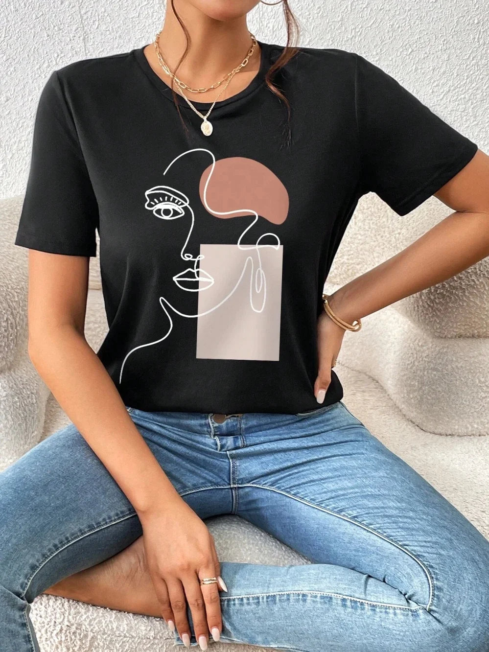 Women T-Shirts Fashion Simple Women's Face Print Tees Casual Soft Short Sleeve Tops Comfortable Street Clothes graphic t shirts
