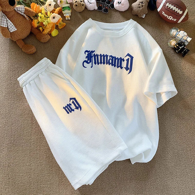 Printed Streetwear Tracksuit Men Summer Waffle Sets Casual Trendy Sportswear Short Sleeve T-Shirt Sports Breathable Shorts