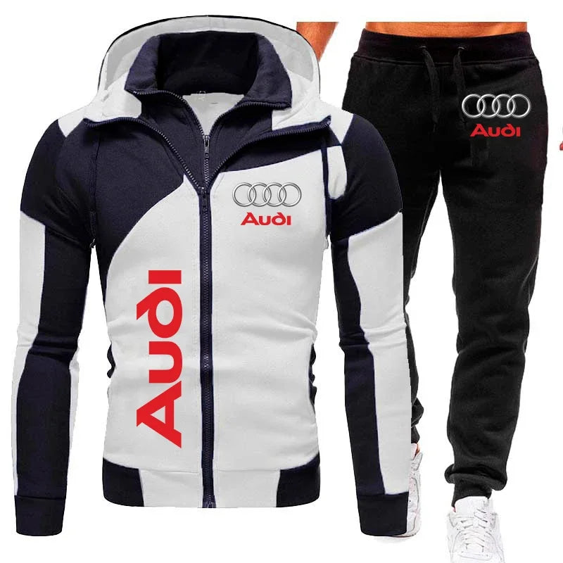 Tracksuit Audi Car Logo Print Sportswear 2 Pieces Sets Warm Fleece Clothing Hooded Sweatshirt+Pants Sport Suit Audi Men Clothing