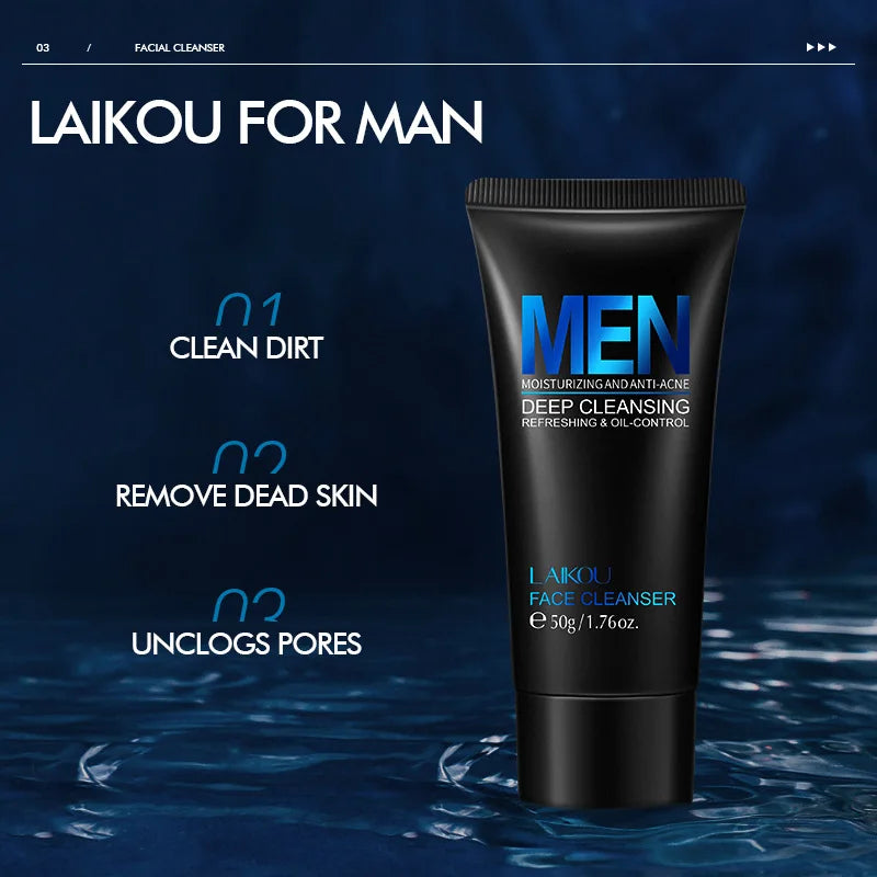 LAIKOU Men Face Cleanser 50g Deep Cleansing Oil Control Anti Acne Refreshing Moisturizing Facial Wash For Men Skin Care