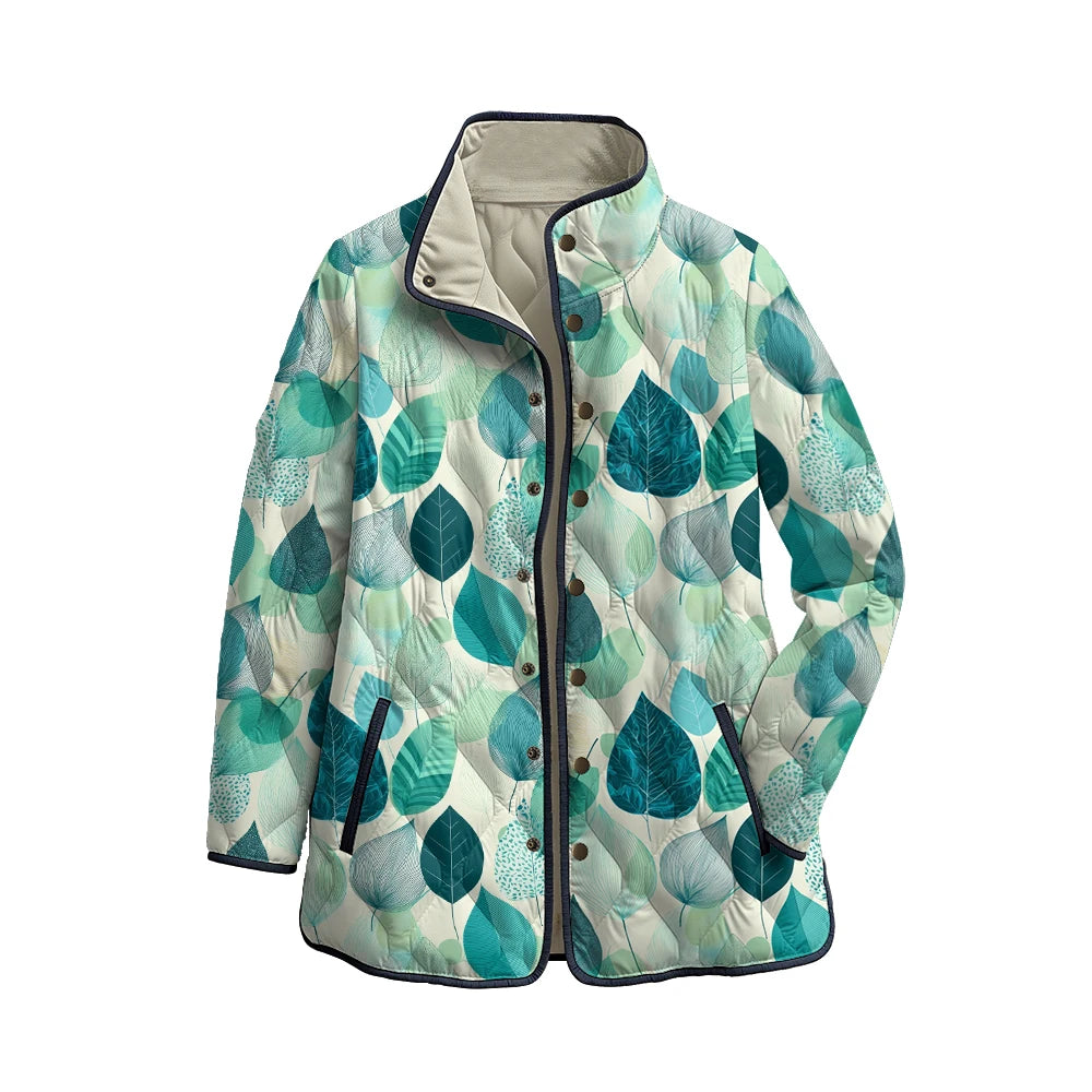 Quilted Leaf Print Winter Jacket