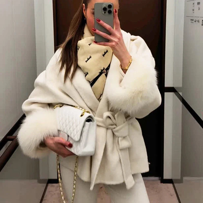 Fox Fur Woolen Coats Women's Short Coat Office Lady Removable Elegant Double-sided Wool Overcoat 2025 New Cardigan Jacket