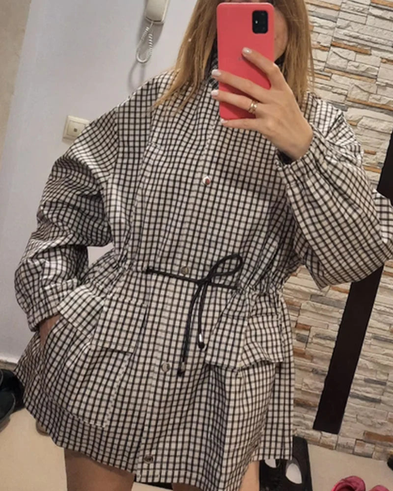 Women's Coat 2026 New Autumn Gray Plaid Long Sleeve Loose Drawstring Decorative Coat Casual Fashion Personal Ladies Outerwear