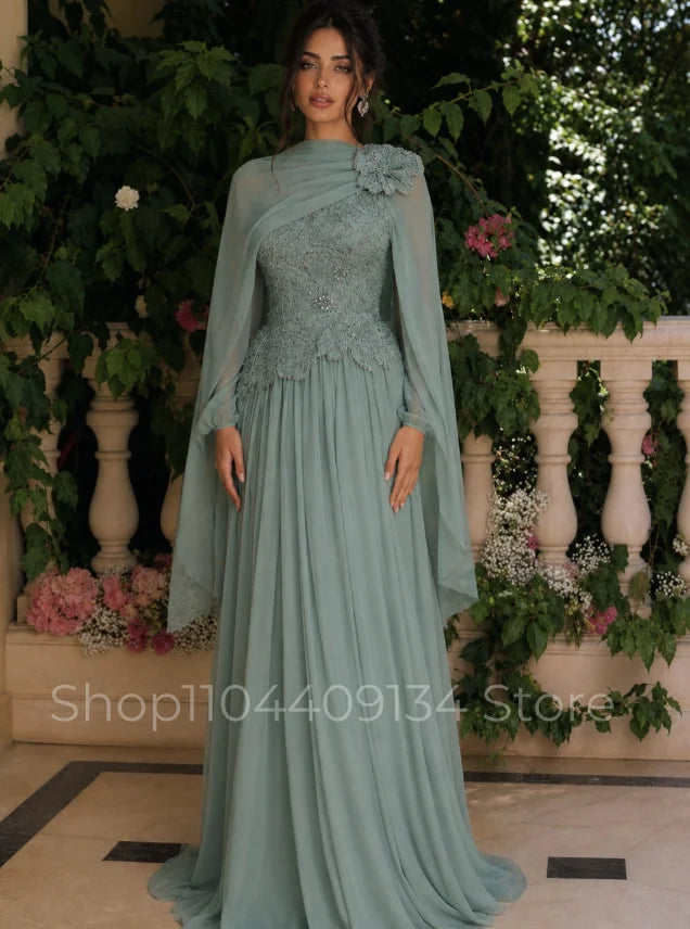 Elegant Floral Formal Evening Gown Muslim Kaftan Beaded Chiffon Long Sleeves Middle Eastern Henna Women’s Prom Dress Customized