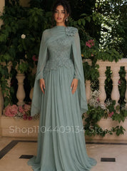 Elegant Floral Formal Evening Gown Muslim Kaftan Beaded Chiffon Long Sleeves Middle Eastern Henna Women’s Prom Dress Customized