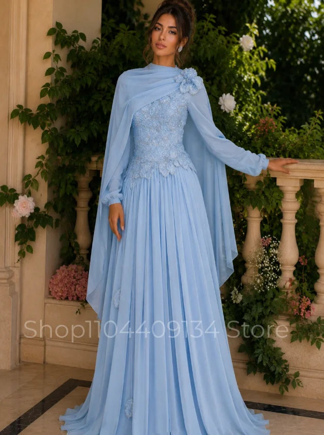 Elegant Floral Formal Evening Gown Muslim Kaftan Beaded Chiffon Long Sleeves Middle Eastern Henna Women’s Prom Dress Customized