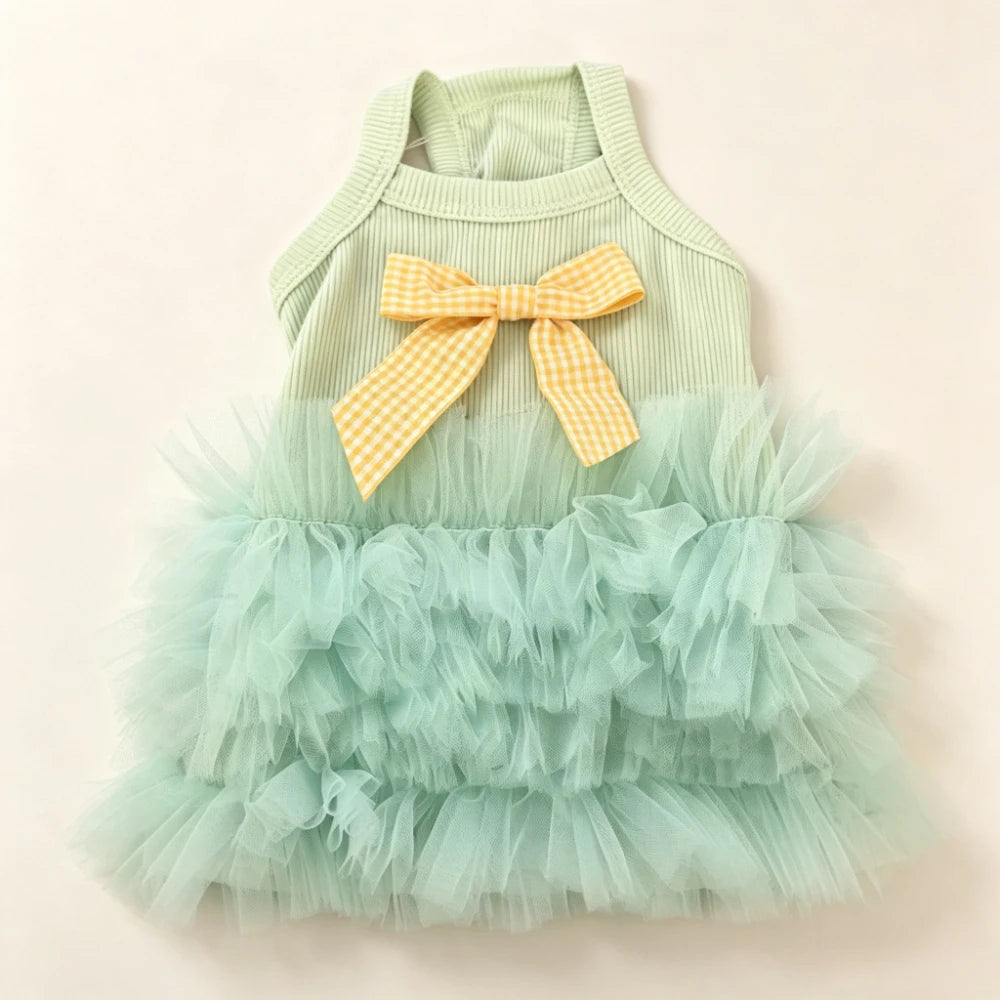1pc Summer breathable pet dress, paired with checkered bow camisole skirt, sleeveless vest, cat and dog clothing