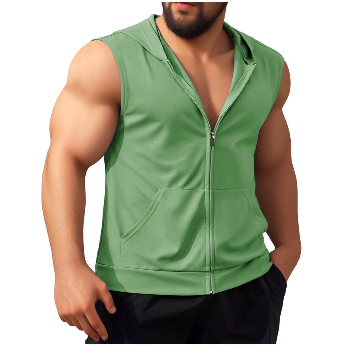 Summer New Men's Workout Hooded Tank Tops Zip-up Sleeveless Gym Bodybuilding Tees Muscle Tops Male Streetwear Casual Sweatshirts