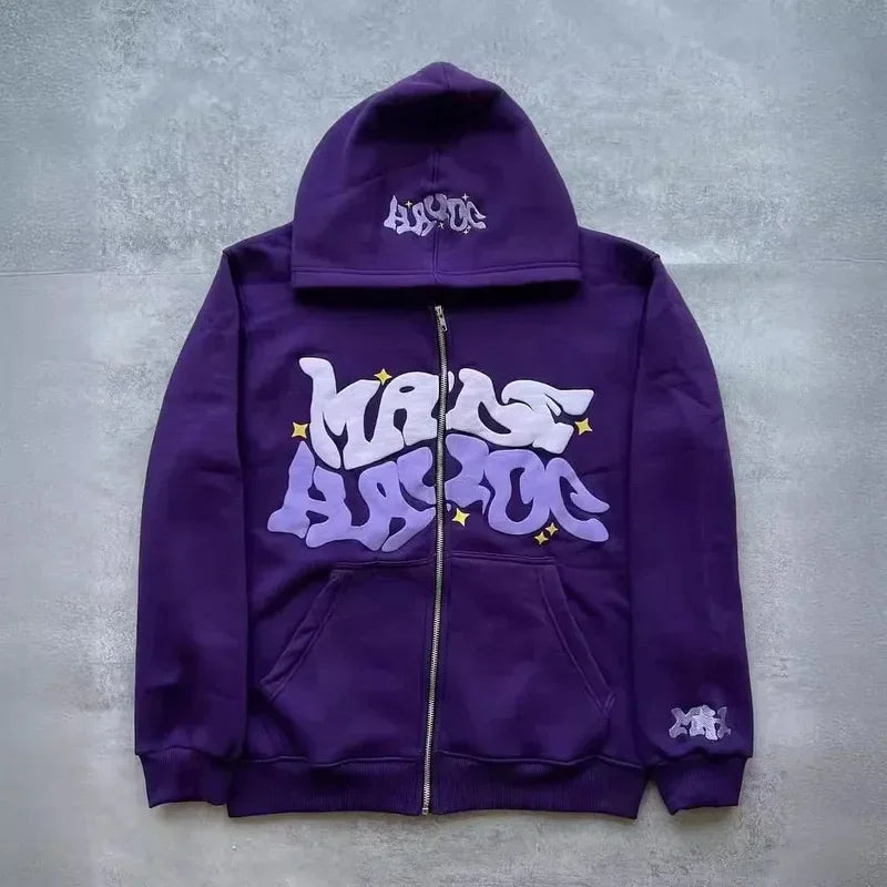 Hooded zipper hoodie with retro American-style letters, unisex, suitable for pairing with a millennial-style jacket
