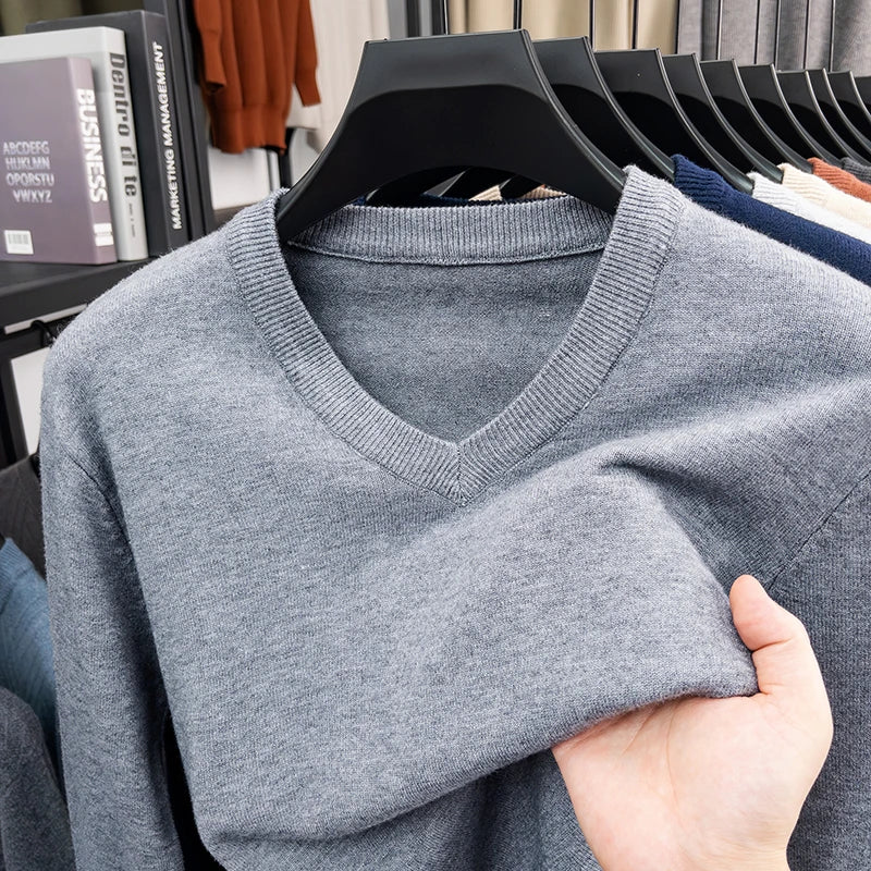 New Sweatwear Men's V Neck Basic Solid Color Sweaters Round Neck Elastic Pullovers Warm Autumn Knitted Oversized Sweater Men