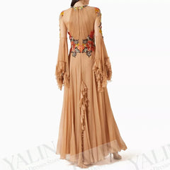 Women's A-line Evening Dresses Floor-length O-neck Full Sleeve Prom Dress Fashion Flowers Ruched Simple Draped Gowns Customized