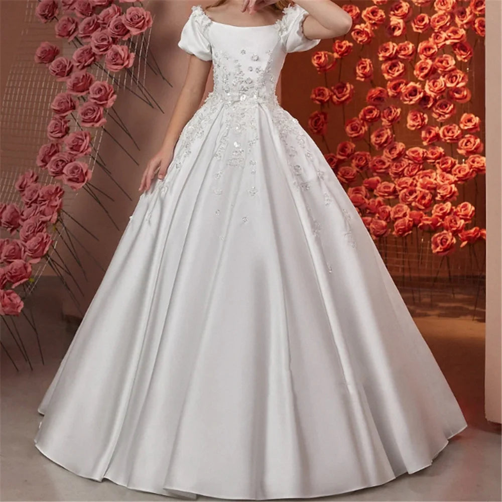 Elegant Flower Girl Dresses for Wedding Satin Beaded Floral Floor Length Girl Kids Birthday Party First Holy Communion Gown