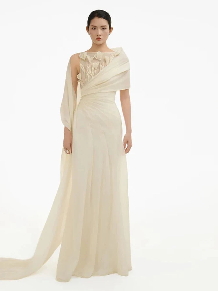 Women's Formal Evening Gowns Ivory Bridesmaid Dress With 3D Floral Applique Draped Cape Evening Dresses Wedding Dress