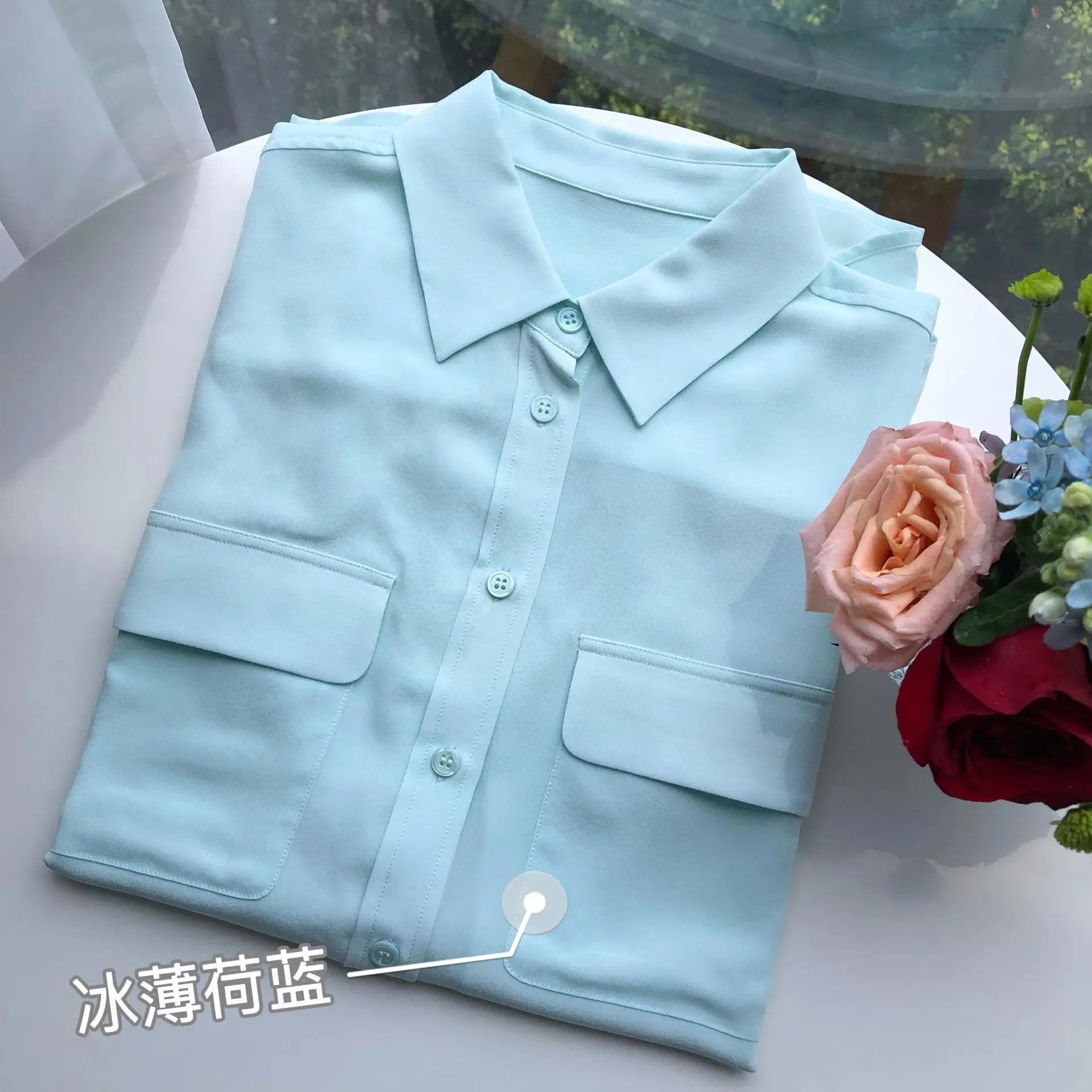 Women Real Silk Shirts Classic Double Pockets Solid Color Casual Fashion Long Sleeve Thin Shirt Blouses Tees