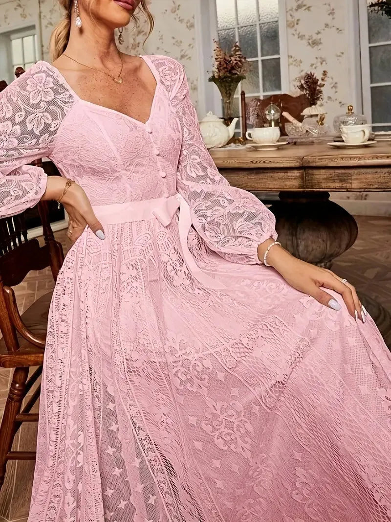 Elegant Party Dress For Woman Evening Prom Dresses Lace Long Gown V Neck Maxi Dress White Pink Floral Lace A Line Balloon Sleeve