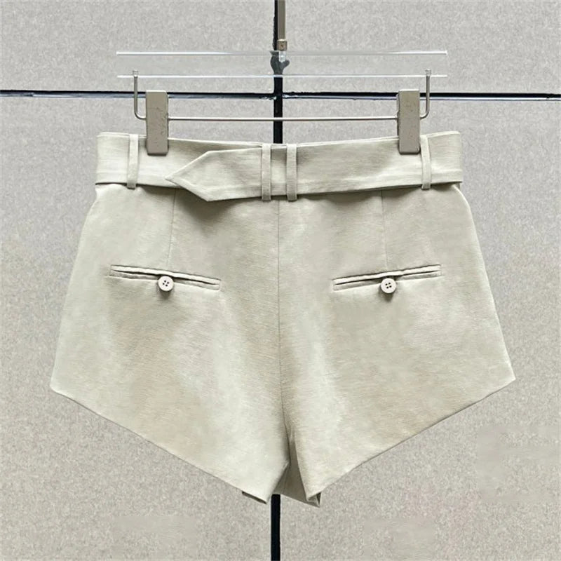 women's shorts New high waisted slim mini pants for summer 2026 linen blend casual shorts Belt decoration shorts women's pants