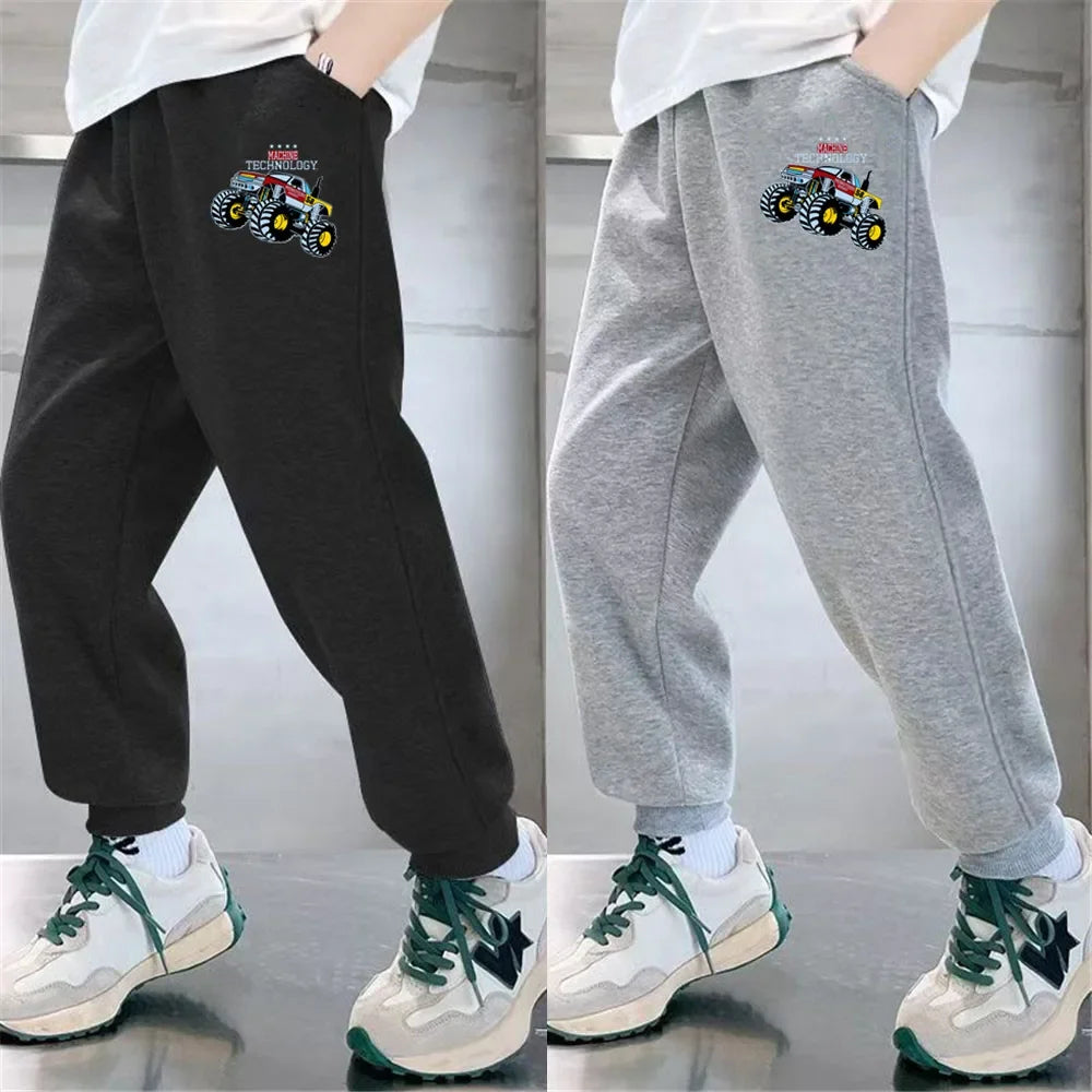 Boys' Off-Road Truck Print Joggers – Casual Sweatpants for Spring, Autumn, and Winter