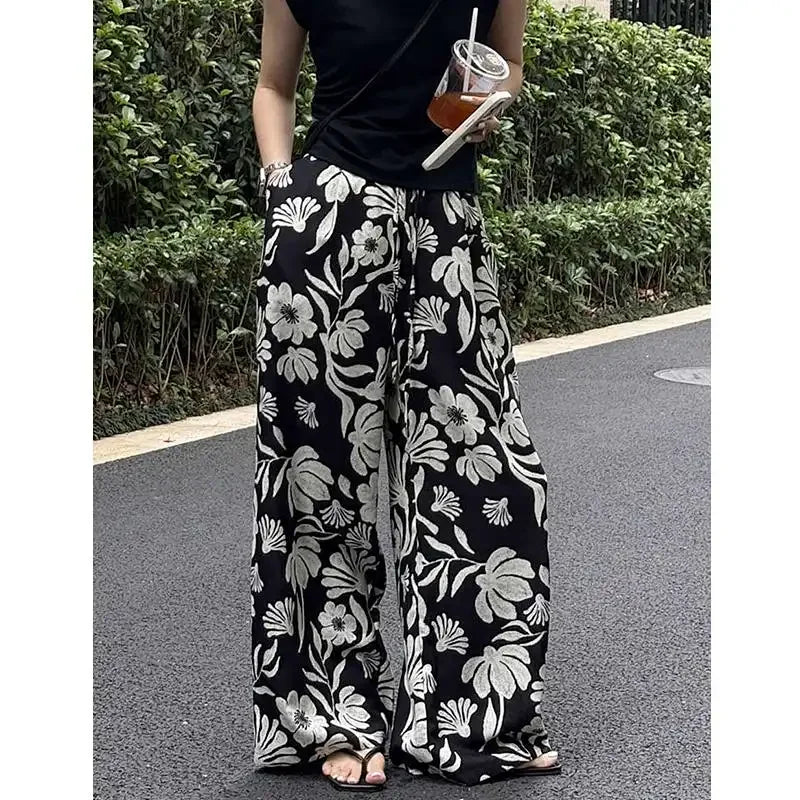 Wide-leg Pants for Women Summer Thin Printed New Style Drawstring Elastic Loose Straight Casual