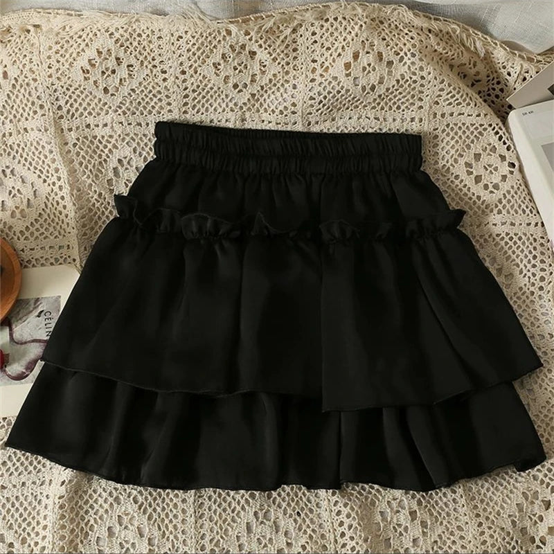 Summer Kawaii White Ruflles Skirt Women Fashion Slim Fit Chiffon Mini Skirts Giris Y2k All Match Elastic High Waist Black Faldas