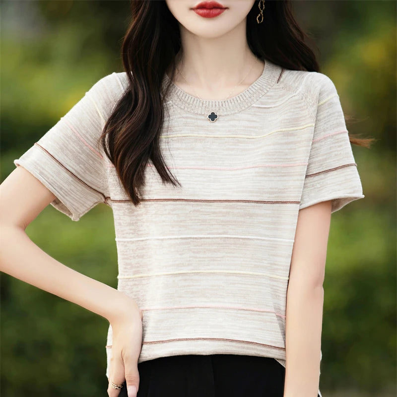Women's T-shirts Summer New 100% Cotton Short Sleeve Casual Striped Knit Blouse Round Neck Tops Loose Pullover Tees