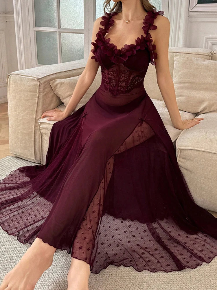 Night Dress Woman Suspenders Polka Dot Mesh Sleepwear Fairy Bow Long Dress Pajama Petal Nightwear V-Neck Backless Sexy Nightgown