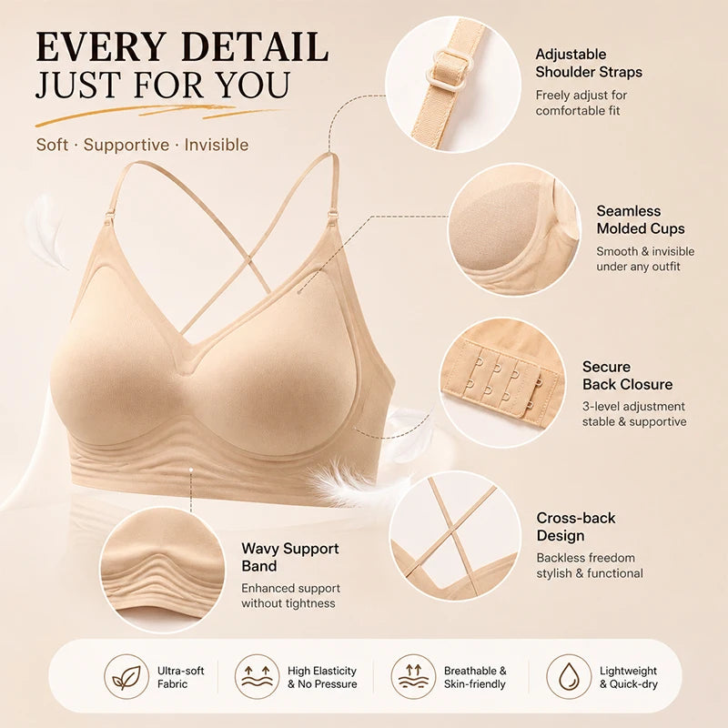 High Elastic Sports Bra 3 Ways Wearing Cross Back Wireless Padded Brassiere Breathable Invisible Yoga Fitness Workout Lingerie
