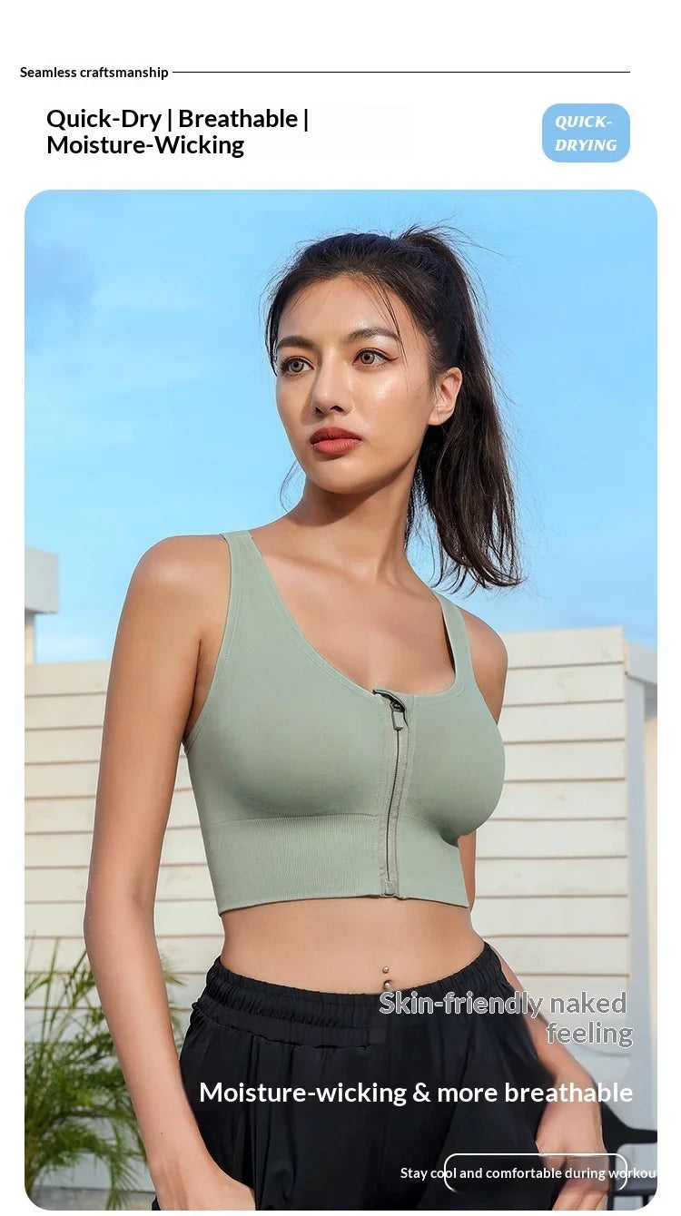 High-strength Shockproof Front-zip High Elasticity Anti-sagging Plus-size 100% Nylon High Support Seamless Sports Bra Beautiful