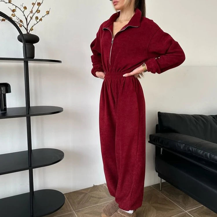 Jumpsuit Women 2026 New Fashionable Long Sleeved Jumpsuit for Women's Casual Half Open Collar Elastic Waist Jumpsuit
