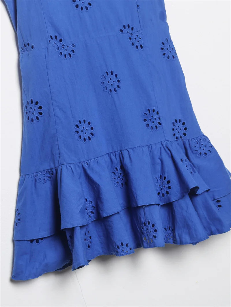Women Fashion With Ruffled Cutwork Embroidery Mini Dress Vintage Backless Elastic Thin Straps Female Dresses Vestidos
