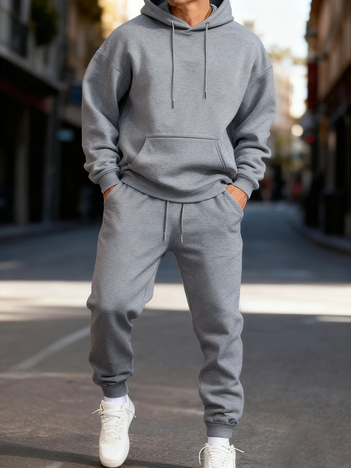 Man Hoodie Set Winter Solid Color Two Pices Sets Long-Length Street Clothes Casual Sports Sweatpant Hoody Unisex Fashion Suit