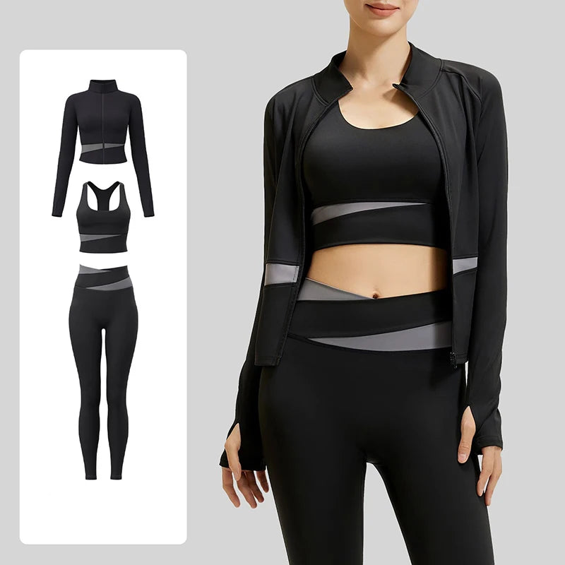 Women's Color Block 3 Piece Yoga Set with Thumb Hole Running Waist Cincher Slim Fit Workout Set Lightweight Pilates Clothes