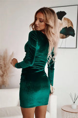European Elegant Evening Party Dress for Woman Clothing Fashion V Neck Long Sleeved Velvet Casual Mini  Sheath Dresses