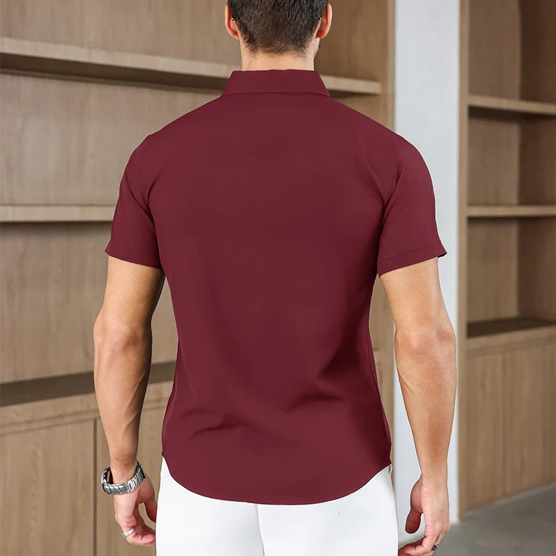 New Men's Business Casual Solid Color Short Sleeved Shirt for Summer Fashion No Ironing Comfortable and Versatile Top