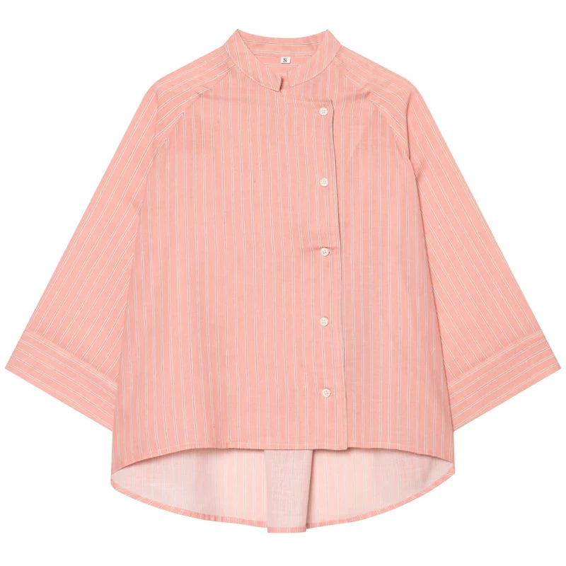 Women's Pink Striped Shirts Summer Asymmetric Button Mid Sleeve Loose Fit Shirts Casual Office Look Vintage Elegant Female Tops