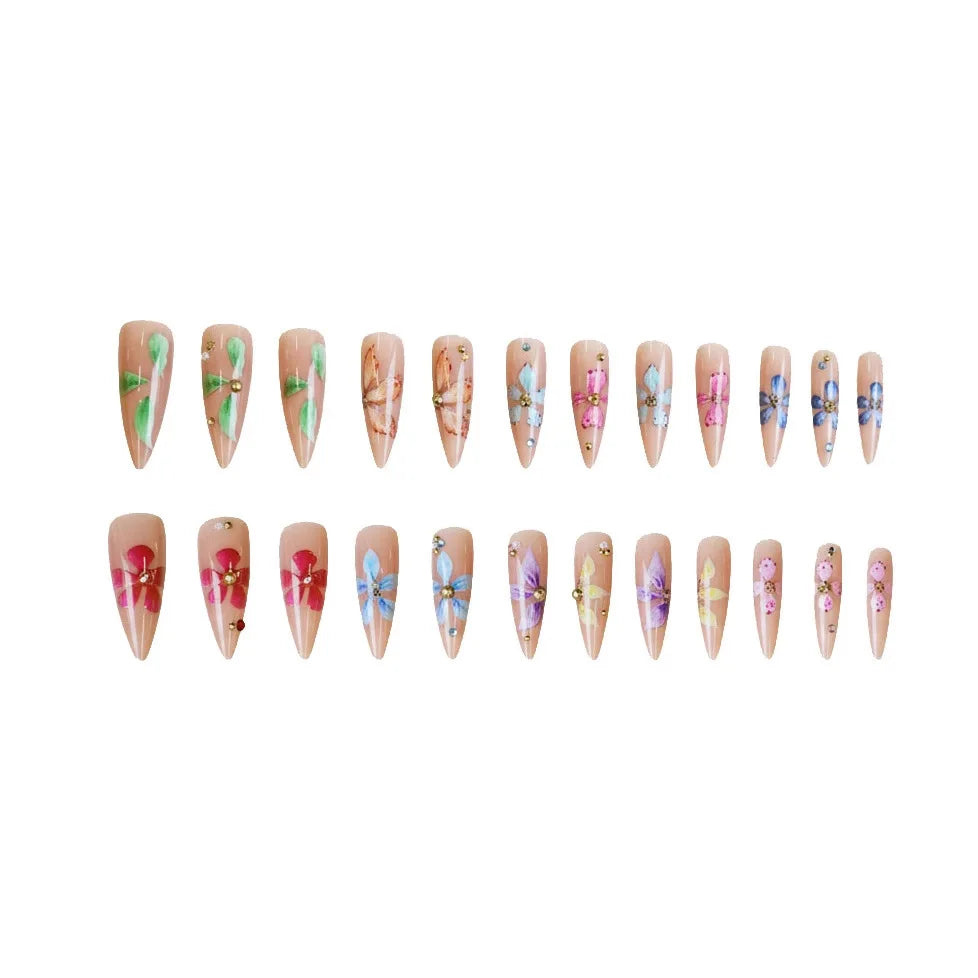 Medium fake nails for women Gradient nude brown blue flowers or rhinestones fall winter almond tips press on false nail art set