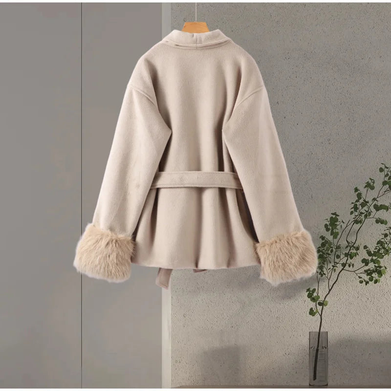 Elegant Women's Lace Up Woolen Coats Solid Full Sleeve Turn-down Collar Loose Lady Coats 2025 Autumn Winter Female Streetwear