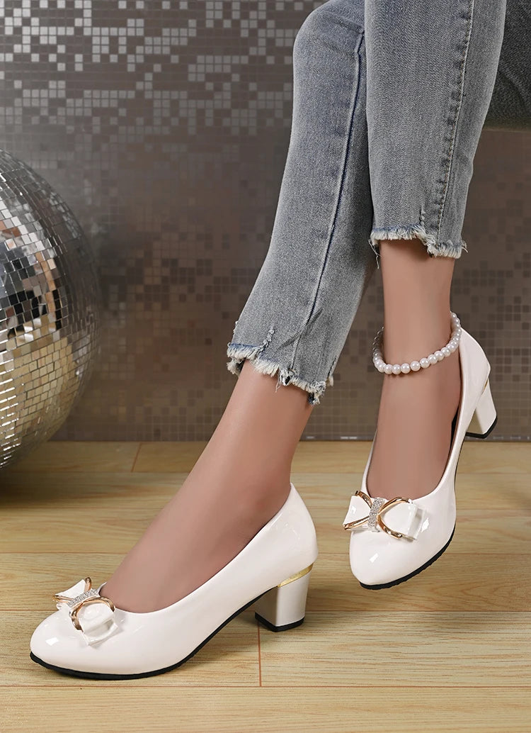 Women High Heels Low Heels Fashion Bling Bow patent leather Professional Casual Pumps Woman Wedding Party Shoes Large Size 42