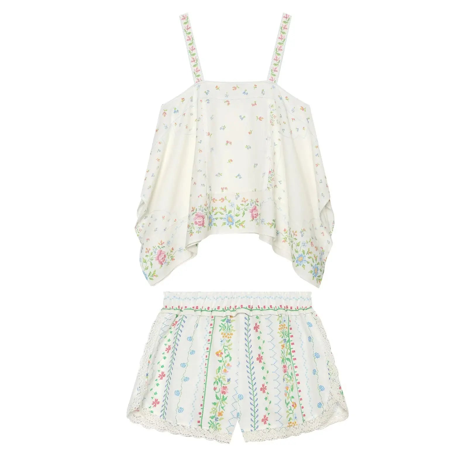 Women's Printed Shorts Set Summer Asymmetric Hem Wide Straps Loose Top Elastic Waist Lace Trim Shorts Fashion Casual 2 Piece Set
